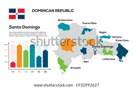Dominican Republic map. Image of a global map in the form of regions of Dominican Republic regions. Country flag. Infographic timeline. Easy to edit