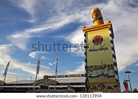 MUNICH - OCTOBER 4: The evening sun shines on the tower of the Paulaner beer tent on Oktoberfest grounds in Munich on October 4, 2010 in Munich, Germany.