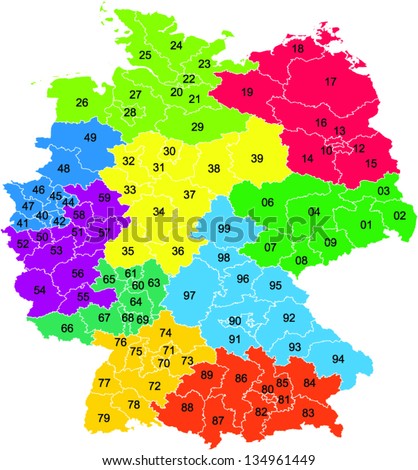 A colored vector map with two digit postal codes of Germany