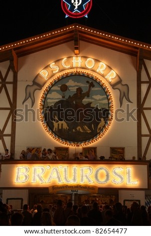 MUNICH - OCT 4: In front of the Pschorr beer tent at night at Oktoberfest in Munich, Germany on October 4, 2010