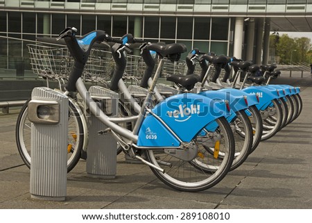 LUXEMBOURG MAY 2: bikes locked at a public bike rental terminal run by the bike sharing company veloh in Luxembourg on May 2nd, 2015.