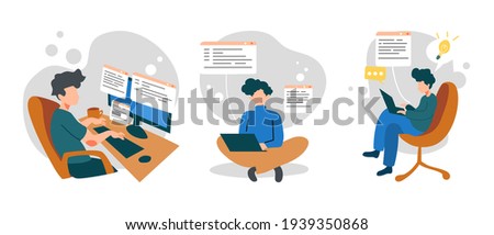 set of smart programmer coding or studying on laptop and computer. programming, Freelance, working, chatting and get idea sitting on the chair. concept Flat vector cartoon illustration