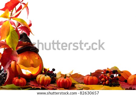 Fall Leaves With Pumpkin On White Background Stock Photo 82630657