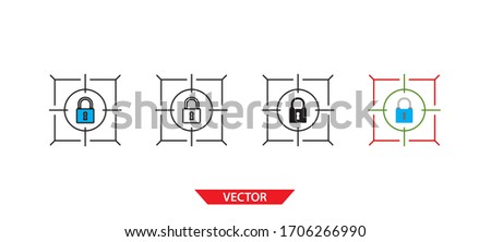 Simple target on lock icon on white background 4 types such as outline, black, color, outline and color. Vector illustration.