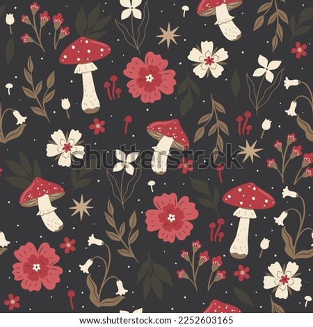 Seamless pattern with fly agaric and flowers. Vector graphics.