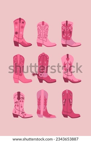 Set of pink trendy cowgirl boots. Vector graphics.
