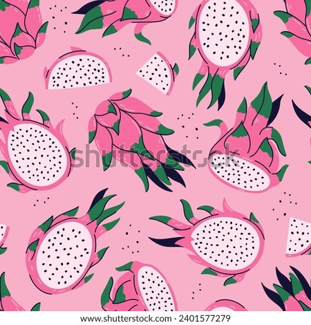 Seamless pattern with dragon fruits on a pink background. Vector graphics.