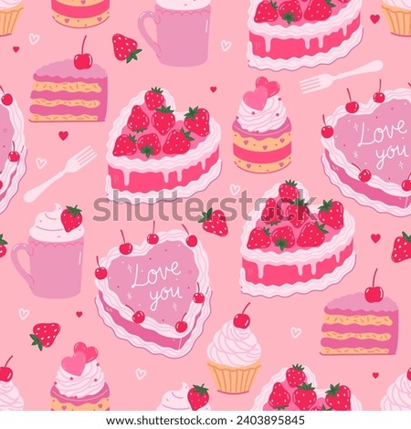 Seamless pattern with cute pink desserts. Vector graphics.