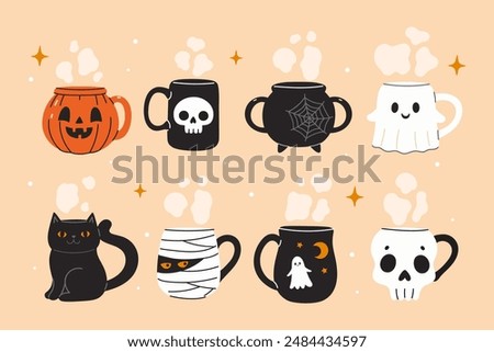 Postcard or poster with a set of cute Halloween mugs. Vector graphics.