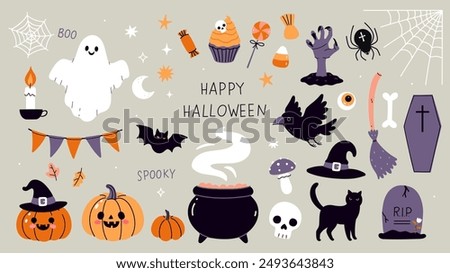 A set of scary items for celebrating Halloween. Vector graphics.