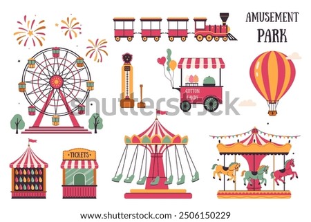 Amusement park set, ticket office, cotton candy cart, Ferris wheel, carousel, balloon, force meter, balloon darts, train. Vector graphics.