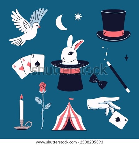 Magician set rabbit in hat, white dove, cards, glove, candle, rose. Vector graphics.