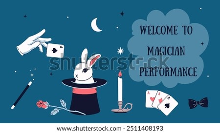 Banner of magician show with rabbit in hat, cards, candle, rose, magic wand. Vector graphics.