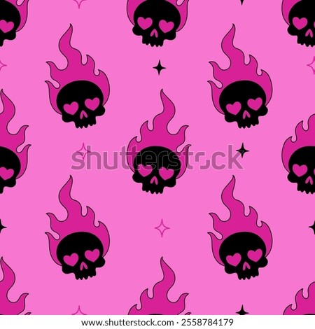 Seamless pattern with burning skulls on a pink background in goth emo style. Vector graphics