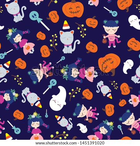 Seamless pattern of halloween theme. Cute girls in halloween costume with cats, candies, good ghost and Jack-o'-lantern.