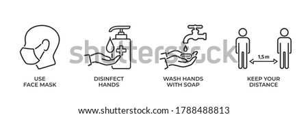 coronavirus protection and disease prevention icon set. use face mask, disinfect hands, wash hands with soap, keep your distance. medical infographic element and symbol for web design