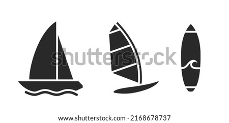 summer water beach sports. windsurfing, surfing and yacht icons. sea vacation symbols. isolated vector image for tourism design