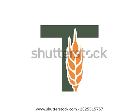 letter t with wheat ear. creative harvest and organic food alphabet logo. cereal farming, agriculture and grain crops design. isolated vector color image