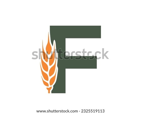 letter f with wheat ear. harvest and organic food alphabet logo. agriculture, grain crops and cereal farming design. isolated vector image