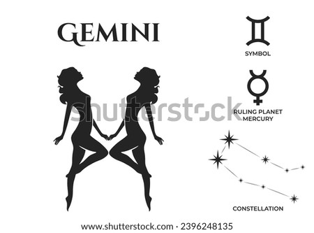 gemini zodiac sign, constellation and mars ruling planet symbol. astrology and horoscope vector design elements