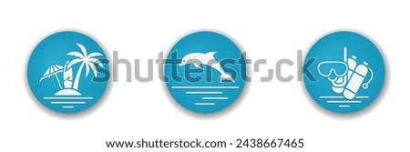sea vacation round icons. diving mask, dolphin, umbrella, surfboard and palm. vector color illustration for tourism design