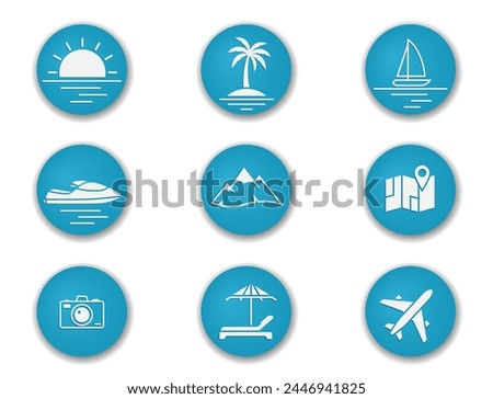 travel blue round icon set. vector color illustrations for vacation and tourism design