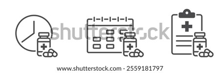 Prescribing medication line icons. Medication, pill schedule reminder. Health care isolated vector images in simple style