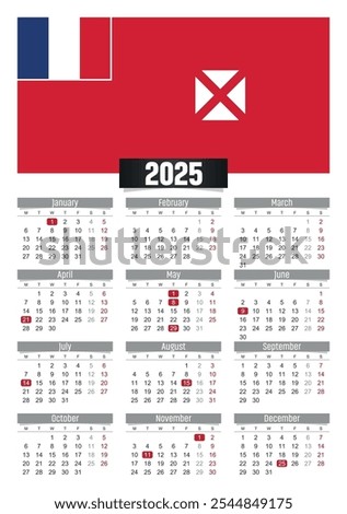 New year 2025 calendar with Wallis and Futuna flag and public holidays for print