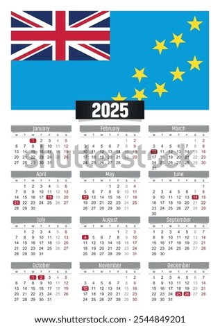 New year 2025 calendar with Tuvalu flag and public holidays for print