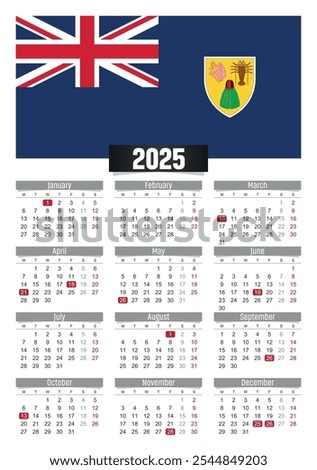 New year 2025 calendar with Turks and Caicos Islands flag and public holidays for print