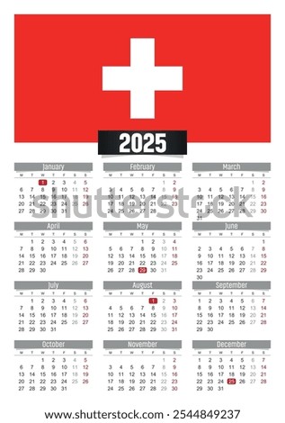 New year 2025 calendar with Switzerland flag and public holidays for print