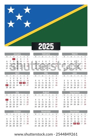 New year 2025 calendar with Solomon Islands flag and public holidays for print