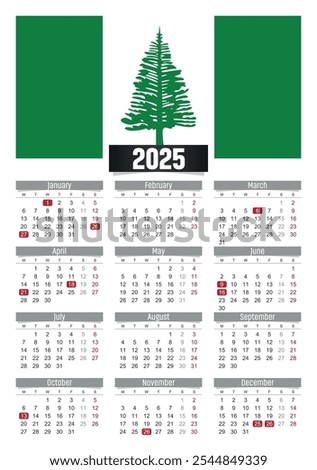 New year 2025 calendar with Norfolk Island flag and public holidays for print