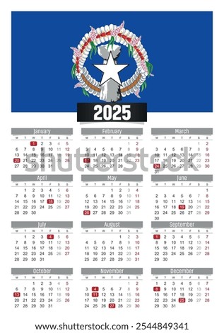 New year 2025 calendar with Northern Mariana Islands flag and public holidays for print