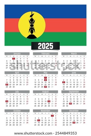 New year 2025 calendar with New Caledonia flag and public holidays for print