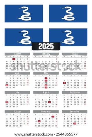 New year 2025 calendar with Martinique flag and public holidays for print