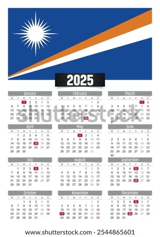 New year 2025 calendar with Marshall Islands flag and public holidays for print