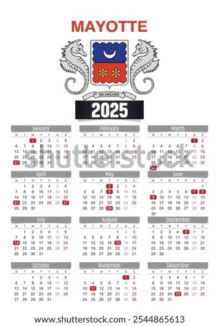 New year 2025 calendar with Mayotte flag and public holidays for print