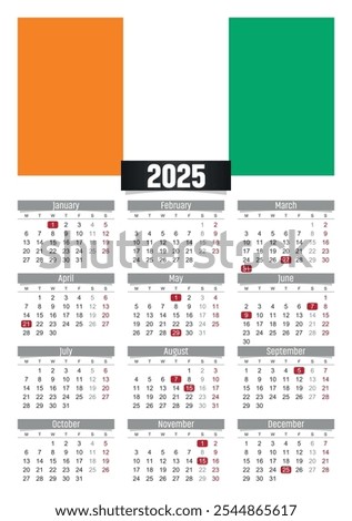 New year 2025 calendar with Ivory Coast cote divoire flag and public holidays for print