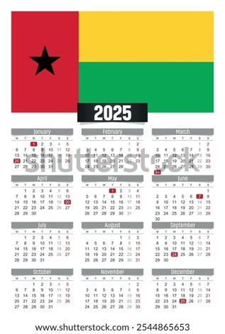 New year 2025 calendar with Guinea Bissau flag and public holidays for print