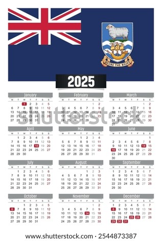 New year 2025 calendar with Falkland Islands flag and public holidays for print