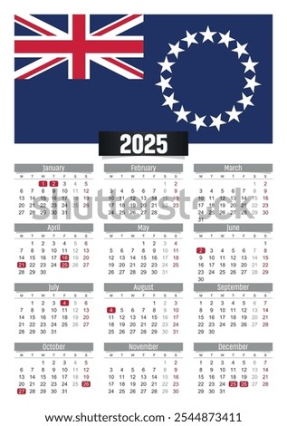 New year 2025 calendar with Cook Islands flag and public holidays for print