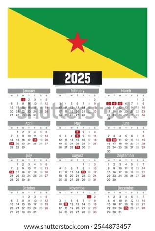 New year 2025 calendar with French Guiana flag and public holidays for print