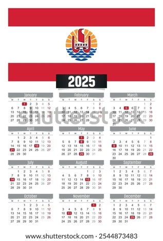 New year 2025 calendar with French Polynesia flag and public holidays for print