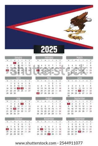 New year 2025 calendar with American Samoa flag and public holidays for print