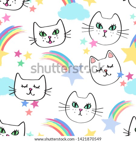 Seamless repeat patterns with happy girly cat faces, colorful rainbows and shooting stars