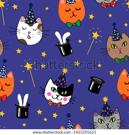 Seamless repeat pattern with magician cats, magic wands, stars and top hats with bunny ears