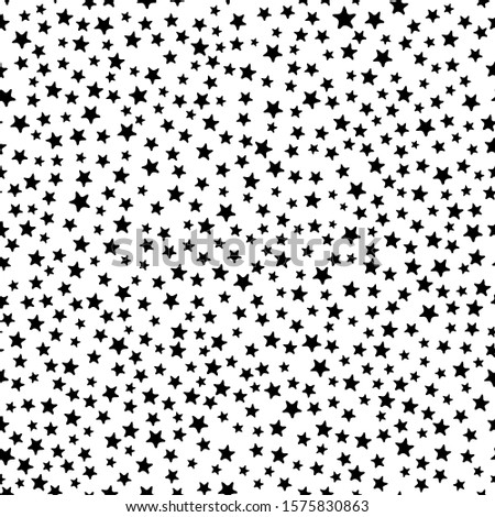 Busy all over seamless repeat pattern with tiny small ditsy black stars tossed on a white background