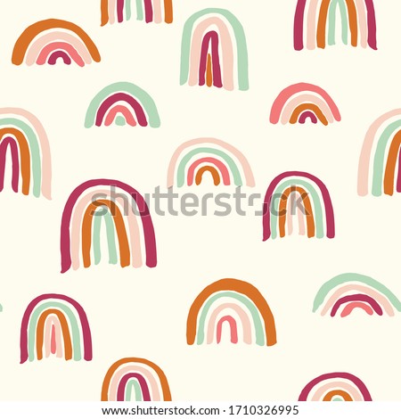 Vector seamless repeat pattern with sloppy thick hand drawn marker squiggly uneven rainbows in earthy indie modern mustard brown blush sage maroon colors half-drop on a cream ivory background