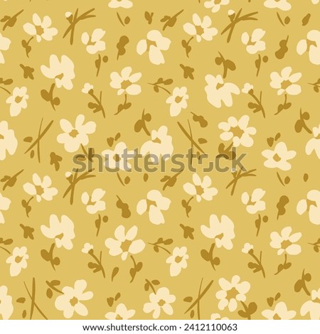 All over vector seamless repeat pattern with ditsy tossed flowers on golden mustard background. Versatile cottage everyday ditsy floral backdrop in golden honey mustard colors.